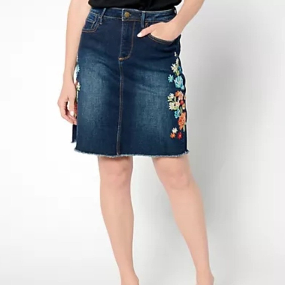 Driftwood Dark Wash Embroidered Saydi Denim Skirt Womens 18 Boho Floral Bouquet